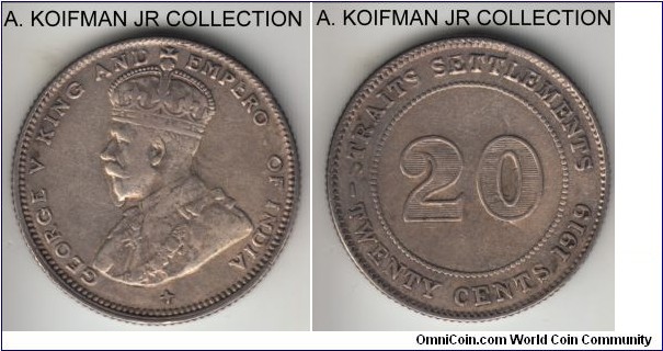 KM-29a, 1919 Straits Settlements 10 cents, Bombay miint (star under bust mint mark); silver, reeded edge; George V, 1 year type minted in reduced 0.400 silver alloy, about very fine.