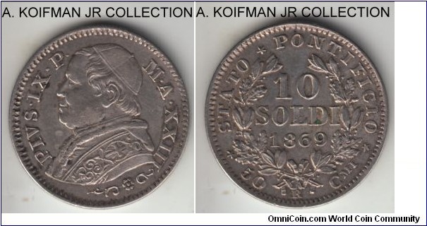 KM-1376.1, 1869 Papal States 10 soldi; silver, reeded edge; Pius IX, year XXIII, extra fine or almost, cleaned.