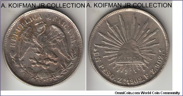 KM-409.3, 1902 Mexico peso, Zacatecas mint (Zs mint mark); reeded edge; modern counterfeit, surfaces are porous and not well defined, edge reeding though is uneven but not aged, wrong weight (24 grams).