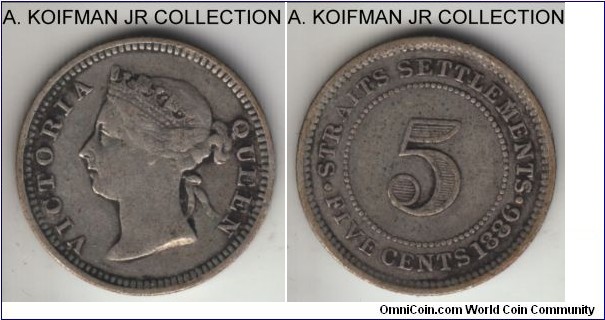KM-10, 1886 Straits Settlements 5 cents; silver, reeded edge; Victoria, relatively large mintage of 340,000, fine details as it was cleaned.