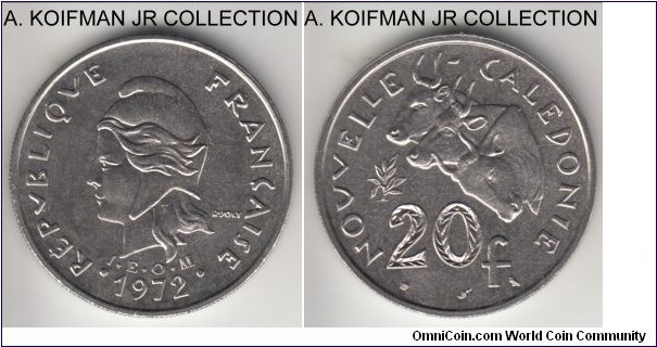 KM-12, 1972 New Caledonia 20 francs, Paris mint; nickel, reeded edge; first year of the type for this French overseas terriroty, common but still nice and bright uncirculated specimen.