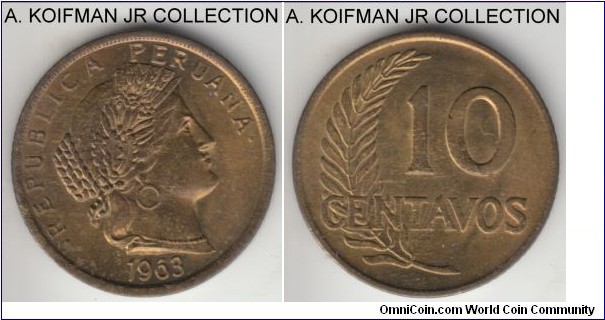 KM-224.2, 1963 Peru 10 centavos; brass, reeded edge; decent uncirculated condition.