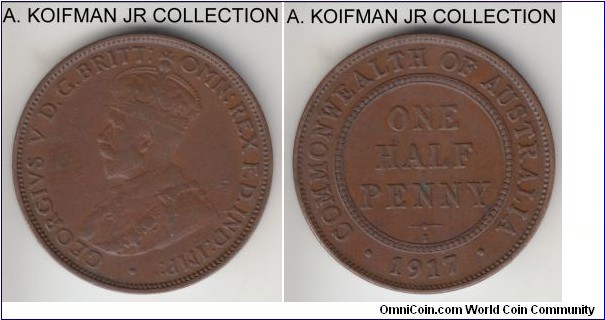 KM-22, 1917 Australia half penny, Calcutta mint (I mint mark); bronze, plain edge; early George V coinage, decent looking very fine to good very fine.