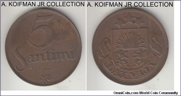 KM-3, 1922 Latvia 5 santimi, Huguenin Frères mint (Switzerland); bronze, plain edge; First Republic, uncirculated for wear, small flan defect (cavern) on reverse, small scratch marks in the field, edge shaving.