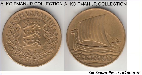 KM-16, 1930 Estonia kroon; aluminum-bronze, plain edge; First Republic, one year type, good very fine to extra fine, very good detail and almost no visible wear, but it may have been cleaned at some point in the past.