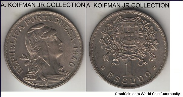 KM-578, 1940 Portugal escudo; copper-nickel, reeded edge; World War II period issue, uncirculated or almost.