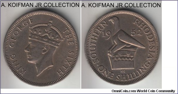 KM-22, 1952 Southern Rhodesia shilling; copper-nickel, reeded edge; last year of George VI mintage, extra fine or about.