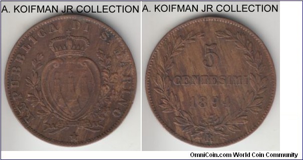 KM-1, 1894 San Marino 5 centesimi, Rome mint (R mint mark); copper, plain edge; first Republic type, very fine details, cleaned.