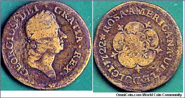 British America 1722 1/2 Penny.

Rosa Americana.