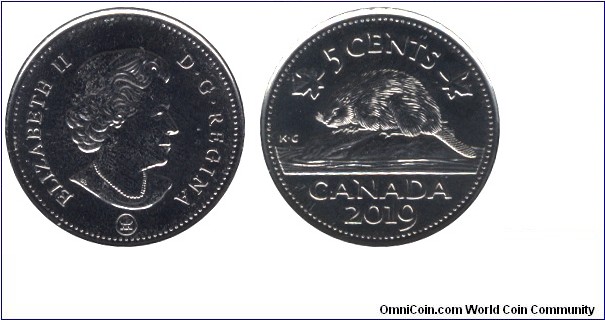 Canada, 5 cents, 2019, Beaver, Queen Elizabeth II.