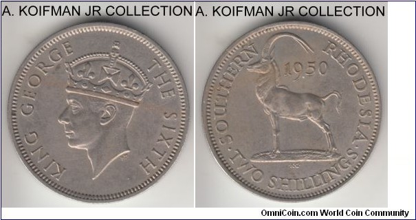 KM-23, 1950 Southern Rhodesia 2 shillings; copper-nickel, reeded edge; last George VI type, these coins are scarce in high grade, decent extra fine or so.