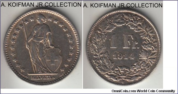 KM-24, 1914 Switzerland franc, Berne mint (B mint mark); silver, reeded edge; very fine or almost details, cleaned.