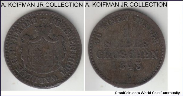 KM-157, 1843 German State Waldeck-Pyrmont (Principality of), Clausthal (Hannover) mint (A mint mark); silver, plain; Georg Friedrich Heinrich, scarce, in part because the mint only operated 16 years between 1833 and 1849, dark toned as usual for low silver content coins and well worn condition as usually found, edge problem.