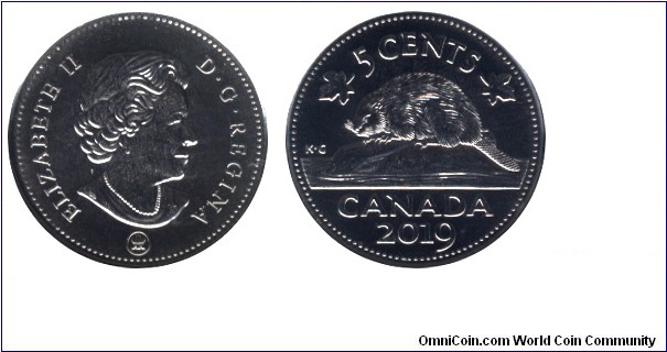 Canada, 5 cents, 2019, Beaver, Queen Elizabeth II.
