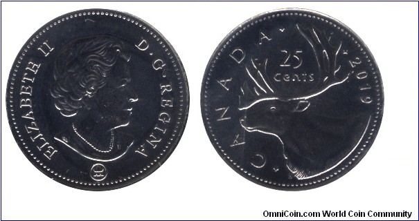Canada, 25 cents, 2019, Caribou, Queen Elizabeth II.