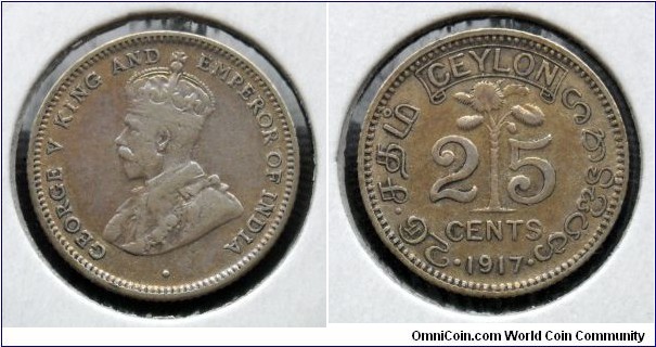 Ceylon 25 cents.
1917, Ag 800.
Mintage: 300.000 pieces.