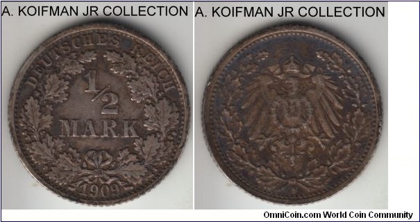 KM-17, 1906 Germany (Empire) 1/2 mark, Stuttgart mint (F mint mark); silver, reeded edge; Wilhelm II, dark toned good fine.