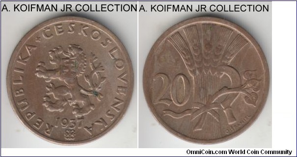 KM-1, 1937 Czechoslovakia 20 haleru; copper-nickel, plain edge; first Republican coinage, high grade, but a few spots.