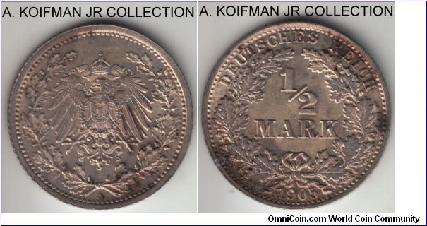 KM-17, 1905 Germany 1/2 mark, Berlin mint (A mint mark); silver, reeded edge; Wilhelm II, first and most commpn year of the type, uncirculated but unpleasant toning.