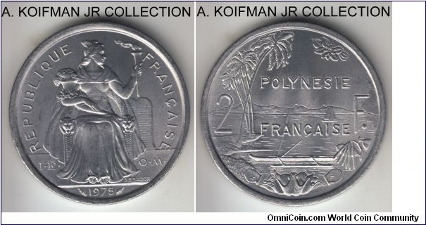 KM-10, French Polynesia 1975 2 francs, Paris mint; aluminum, plain edge; common and bright white uncirculated.