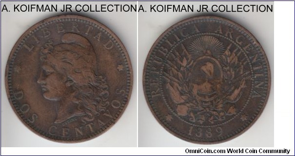 KM-33, 1890 Argentina 2 centavos; bronze, plain edge; average circulated grade.