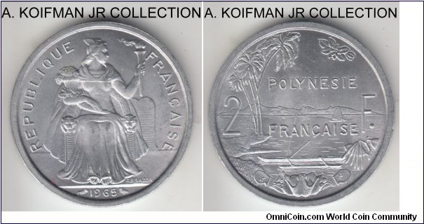 KM-3, French Polynesia 1965 2 francs, Paris mint; aluminum, plain edge; one year type and quite common, bright white uncirculated with just a bit of scuffing on Liberty's knees.