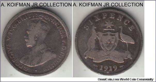 KM-25, 1919 Australia 6 pence, Melbourne mint (M mint mark); silver, reeded edge; early George V, well circulated.