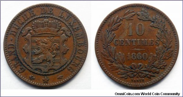 Luxembourg 10 centimes. 1860, Paris mint (Monnaie de Paris)