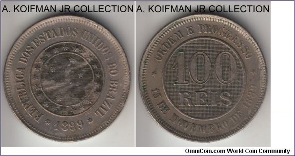 KM-492, 1899 Brazil (Republic) 100 reis; copper-nickel, plain edge; first Republican coinage, decent ciculated grade, a bit dirty very fine, weaker strike in places.