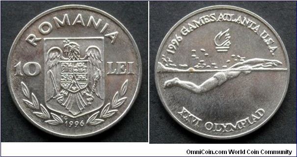 Romania 10 lei.
1996, Atlanta Olympics 1996 - Swimmer. Mintage: 10.000 pcs.