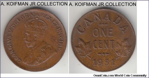 KM-28, 1931 Canada cent; bronze, plain edge; George V, brown about uncirculated.