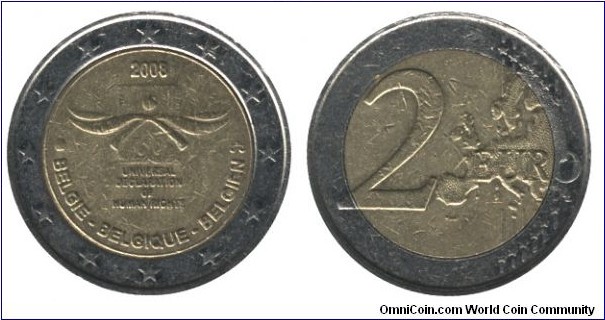 Belgium, 2 euros, 2008, Cu-Ni-Ni-Brass, bi-metaLLIC, 25.75mm, 8.5g, Universal Declaration of Human Rights.
