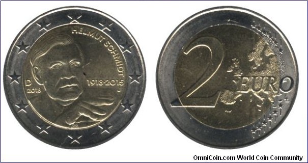 Germany, 2 euros, 2018, Cu-Ni-Ni-Brass, bi-metallic, 25.75mm, 8.5g, Helmut Schmidt, 1918-2015.