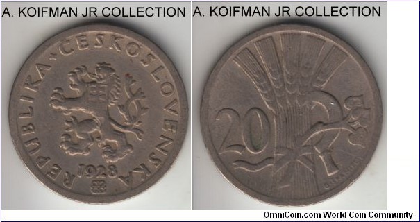 KM-1, 1928 Czechoslovakia 20 haleru; copper-nickel, plain edge; first Republican coinage, very fine or about.