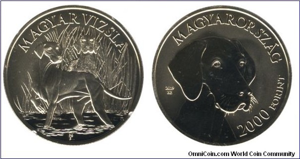 Hungary, 2000 forint, 2019, Cu-Ni-Zn, 34mm, 16g, Hungarian vizsla, pointing dog.