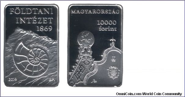 Hungary, 10000 forint, 2019, Ag, 39.6mm, 31.46g, rectangular shaped, 150th Anniversary of the foundation of the Hungarian Geologycal Institute.