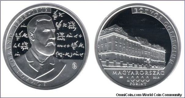 Hungary, 10000 forint, 2019, Ag, 38.61mm, 31.46g, 100th Anniversary of the Death of Loránd Eötvös, famous Hungarian physicist, even a crater on the Moon was named after him.