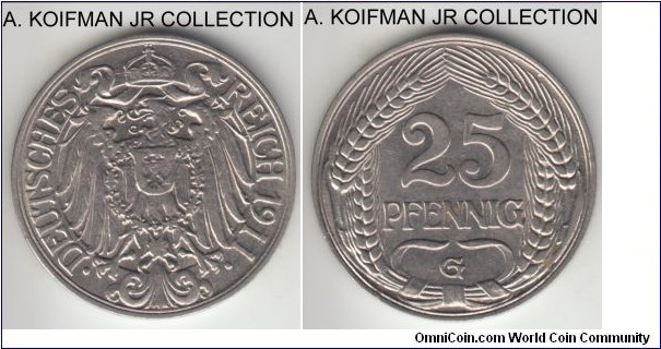 KM-18, 1911 Germany (Empire) 25 pfennig, Karlshure mint (G mint mark); nickel, plain edge; Wilhelm II, infrequent imperial type that was only minted 3 years from 1909, good grade, at least extra fine.