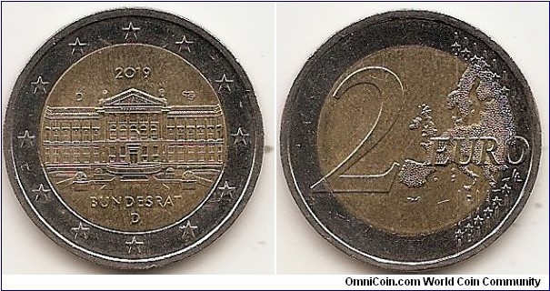 2 Euro KM#366 8.5000 g., Bi-Metallic Nickel-Brass center in Copper-Nickel ring, 25.75 mm. Subject: The 70th anniversary of the Bundesrat’s founding Obv: The design shows a highly detailed and finely sculpted rendering of the Bundesrat building. The upper half of the coin’s inner section includes the mint mark of the respective mint (‘A’, ‘D’, ‘F’, ‘G’ or ‘J’), the artist’s initials and the year ‘2019’. The lower half of the coin’s inner section contains the inscription ‘BUNDESRAT’ and Germany’s issuing country code ‘D’. The coin’s outer ring bears the 12 stars of the European Union. Rev: 2 on the left-hand side, six straight lines run vertically between the lower and upper right-hand side of the face, 12 stars are superimposed on these lines, one just before the two ends of each line, superimposed on the mid - and upper section of these lines; the European continent ( extended ) is represented on the right-hand side of the face; the right-hand part of the representation is superimposed on the mid-section of the lines; the word ‘EURO’ is superimposed horizontally across the middle of the right-hand side of the face. Under the ‘O’ of EURO, the initials ‘LL’ of the engraver appear near the right-hand edge of the coin. Edge: EINIGKEIT UND RECHT UND FREIHEIT, fine milled. Obv. designer: Michael Otto Rev. designer: Luc Luycx