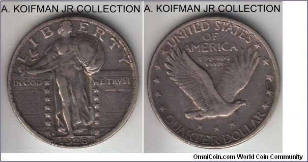 KM-145, 1928 Unites States of America 25 cents, Denver mint (D mint mark); silver, reeded edge; very fine details, ex-jewelry, loop carefully removed.