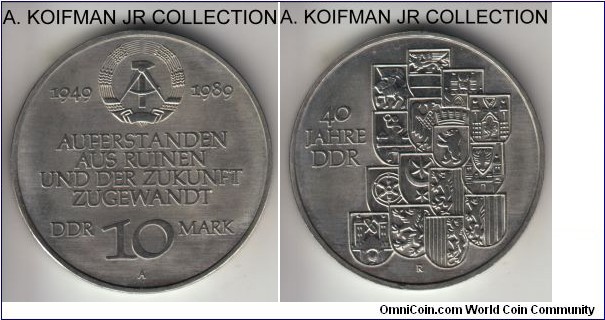 KM-132, 1987 Germany (DDR) 10 mark, Berlin mint (A mint mark); copper-nickel-zinc, lettered edge; 40'th anniversary of the establishment of the state commemortive, average uncirculated, coin was struck with freshly cleaned dies.