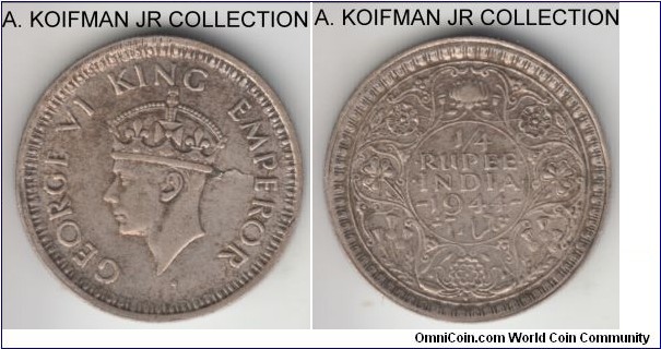 KM-547, 1944 British India 1/4 rupee, Bombay mint (diamont mint mark on reverse); silver, security edge; George VI, reverse B variety - small 6 pointed flower on reverse, very fine or so, flan lamination.