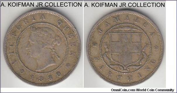 KM-15, Jamaica 1880 farthing; copper-nickel, plain edge; Victoria early Jamaican issue, decent circulated, about very fine.