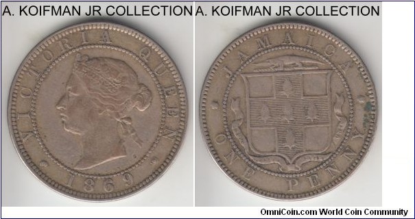 KM-17, 1869 Jamaica penny; copper-nickel, plain edge; Victoria, first standard coinage, average very fine or almost, obverse lightly cleaned in the past.