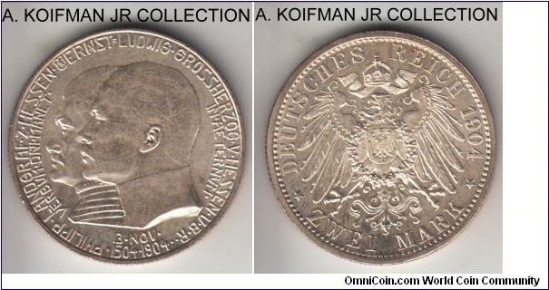 KM-372, 1904 German States Hesse-Darmstadt 2 mark; silver, reeded edge, Grand Duke Ernst Ludwig, 400'th birthday of Philipp the Magnamous commemorative, mintage 100,000, choice bright uncirculated, previous owner considered it proof with matte obverse and brilliant reverse.