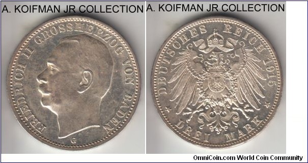 KM-280, 1915 German State Baden 3 mark, Karlsruhe mint (G mint mark); silver, lettered edge; Grand Duke Fridrich II, last of the standard coinage and scarcer, smaller mintage, almost uncirculted obverse and brilliant uncirculated reverse.