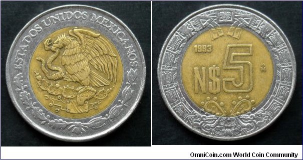 Mexico 5 new pesos.
1993
