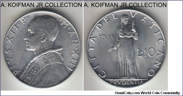 KM-52.1, 1951 Vatican 10 lire; aluminum, lettered edge; XIII year of Pius XII, average uncirculated or almost, about 15 degree die rotation.