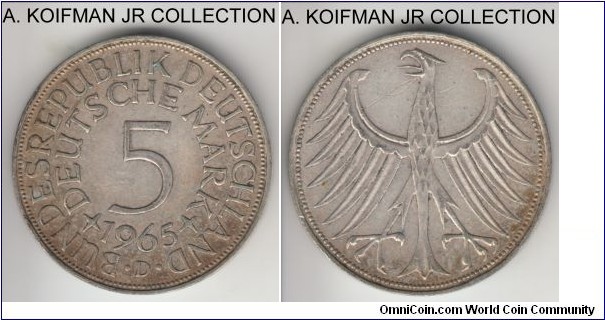 KM-112.1, 1965 Germany 5 marks, Munich mint (D mint mark); silver, lettered edge; circulation issue, toned average circulated very fine or so.