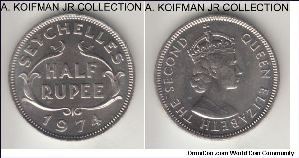 KM-12, 1974 Seychelles 1/2 rupee; copper-nickel, reeded edge; Elizabeth II, last year of pre-independence coinage, mintage 100,000, uncirculate with few edge nicks and contact marks, looks to be proof like or it may be just peculiar toning.